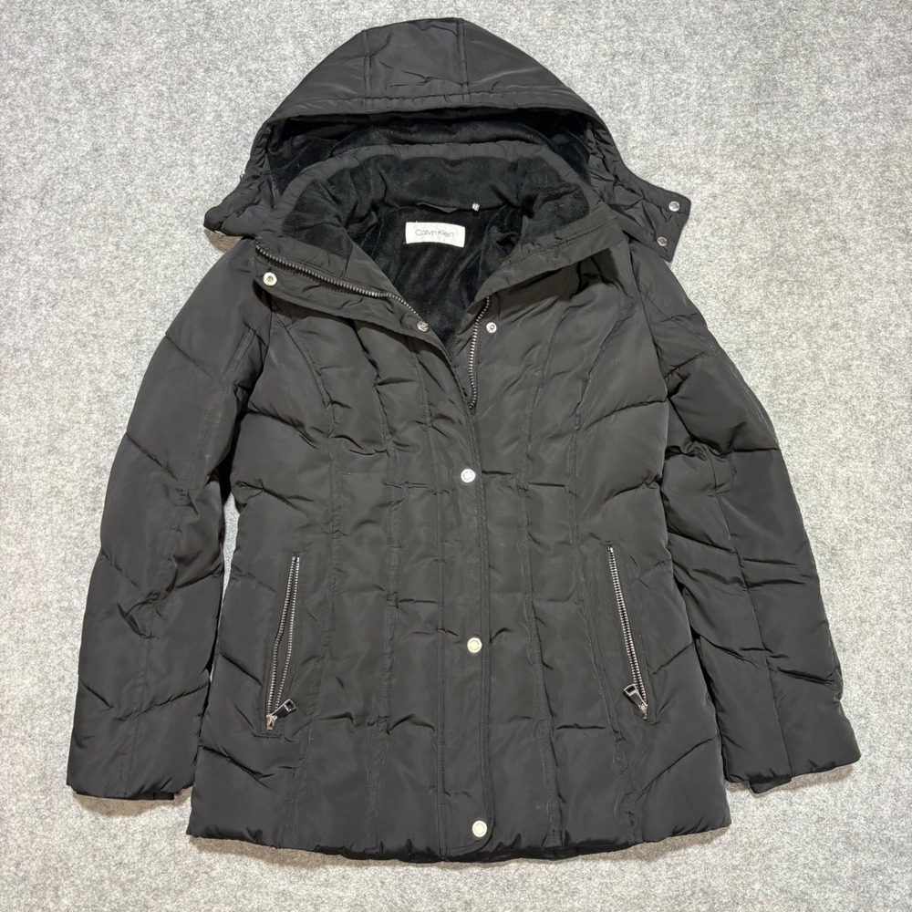 Calvin Klein Womens Black Chevron Quilted Puffer Jacket Detachable Hood Medium